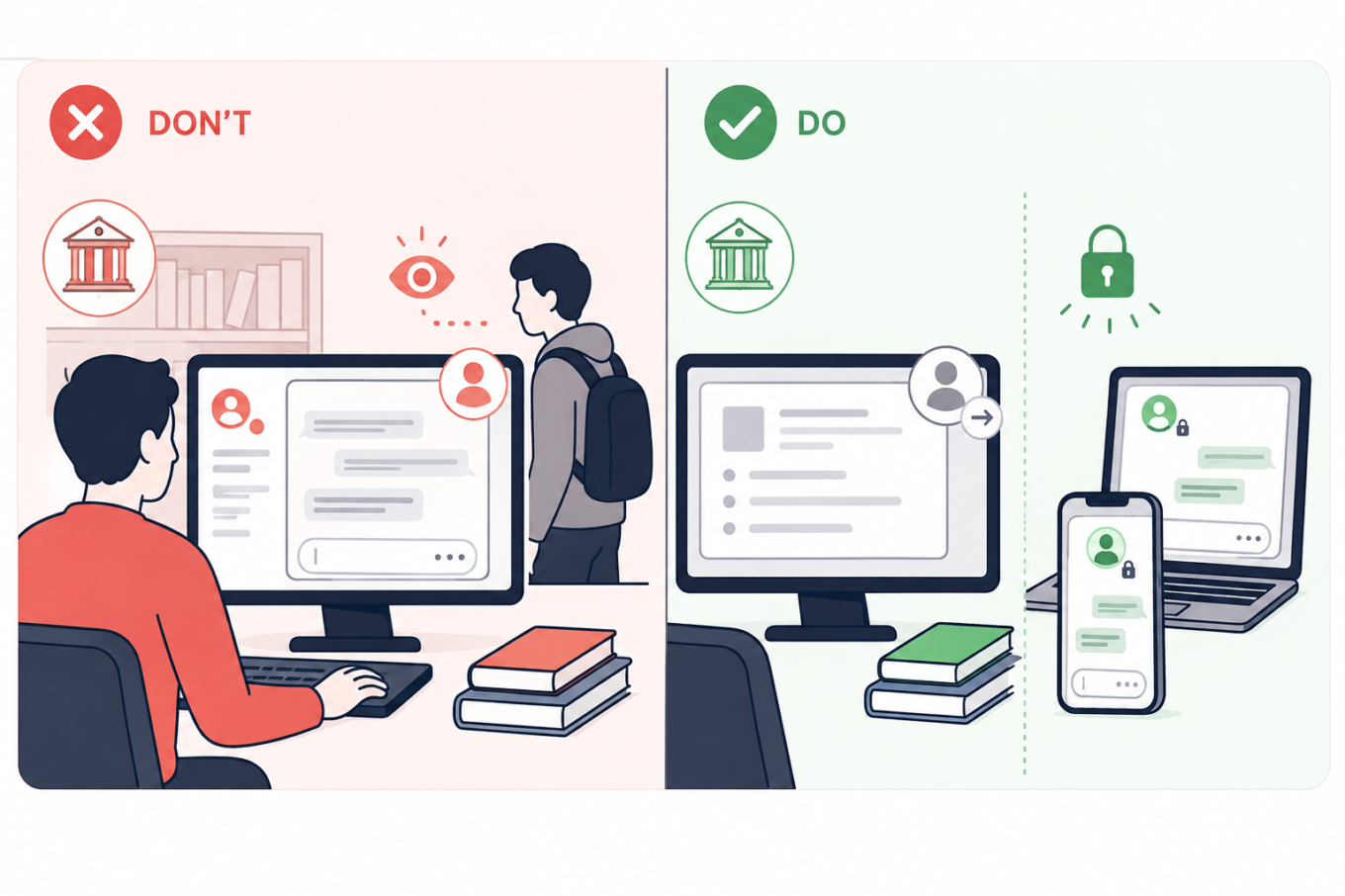 Keep school and shared computers for coursework, and use your own locked devices for personal AI conversations that should not be visible to an institution or another user