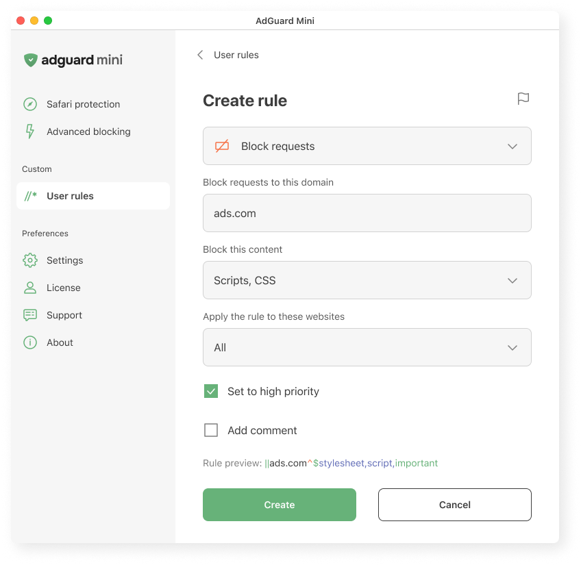 Creating a user rule in AdGuard Mini for Mac