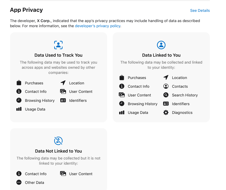 Etiquetas de privacidad de Twitter en la App Store