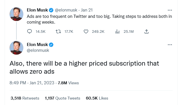 Musk 发布 Twitter 的「无广告」订阅