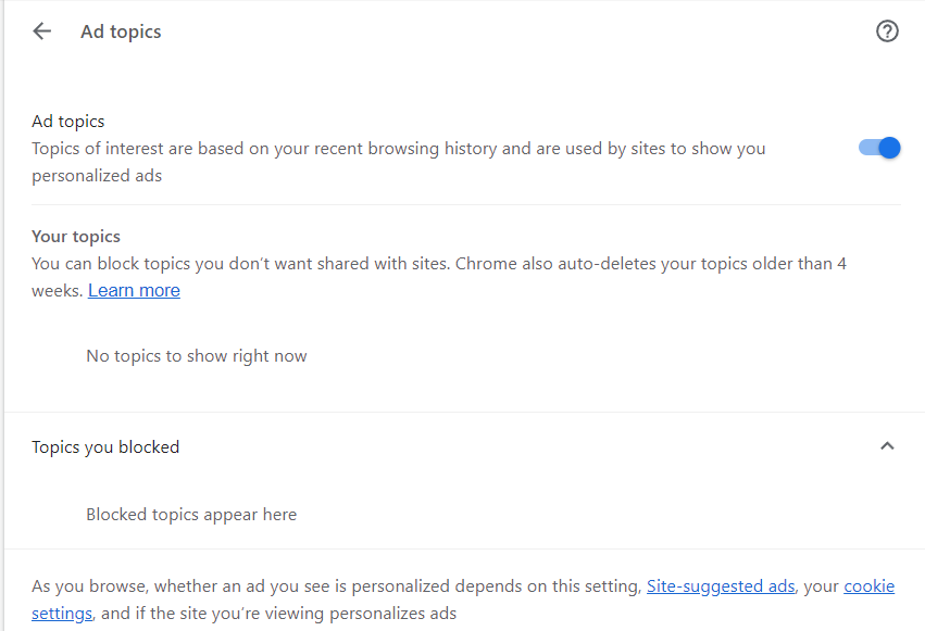 You can also remove topics you don’t want Chrome to share with sites