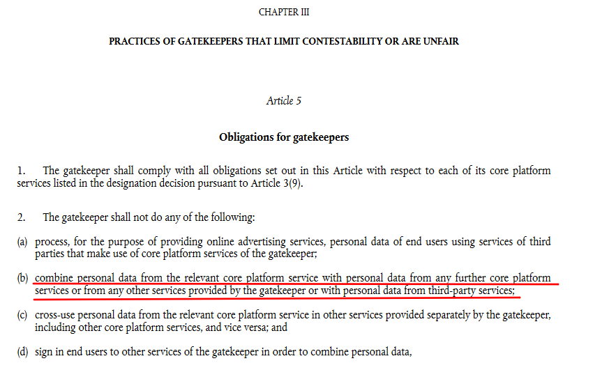 Digital Markets Act (DMA) de la Unión Europea, artículo 5
