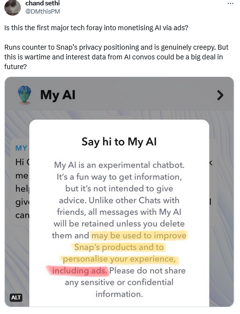 Snap shows a privacy notification before you start communicating with the chatbot
