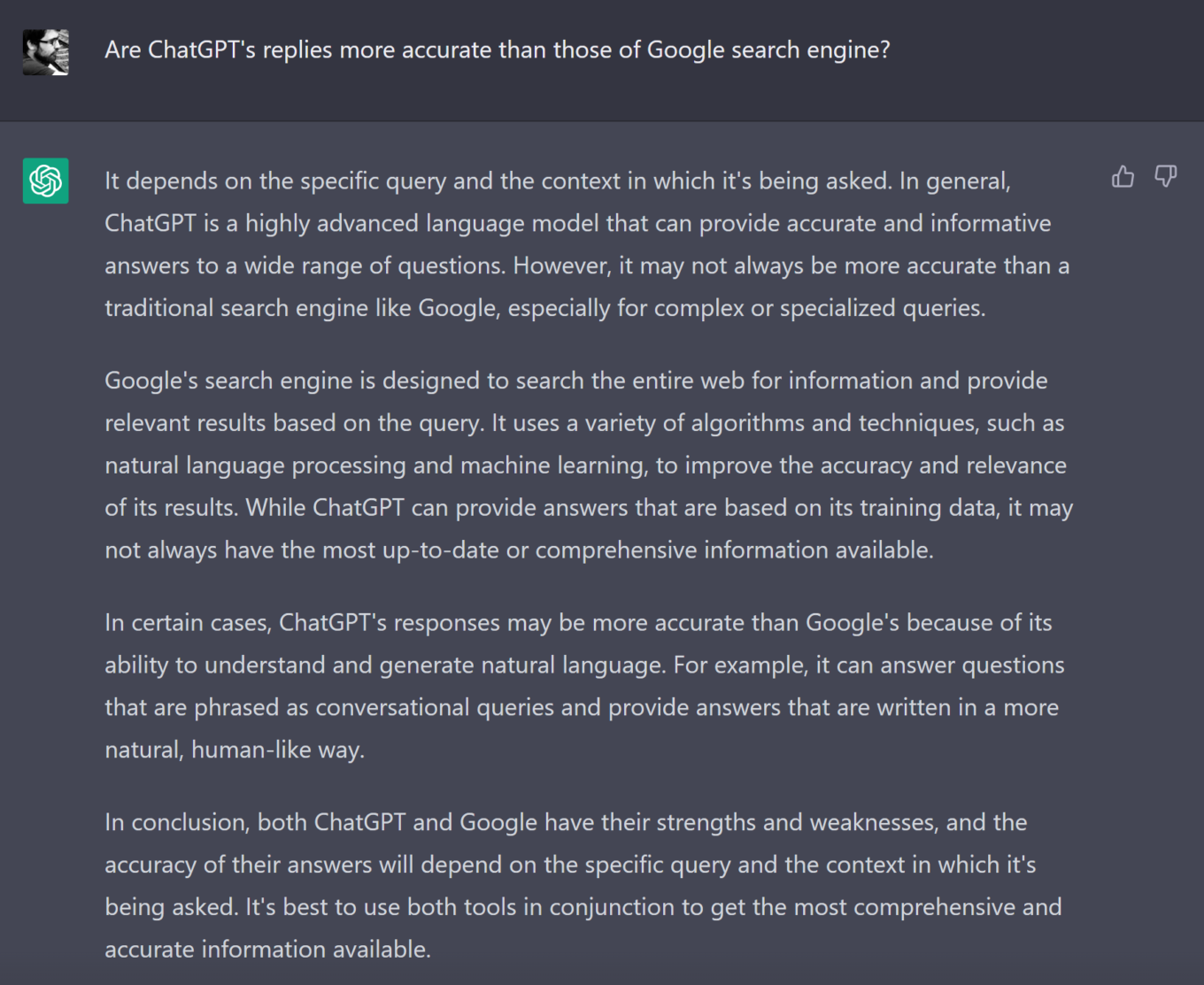 ChatGPT가 항상 Google보다 더 정확하지는 않다고 대답했다.