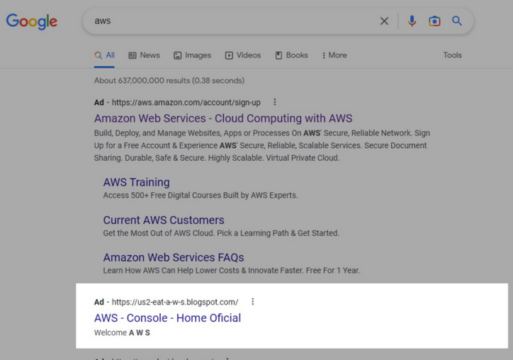 Google 검색 결과에 나타난 가짜 Amazon Web Services 광고
