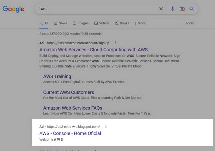 Google 搜索结果中出现一个假的 AWS 广告