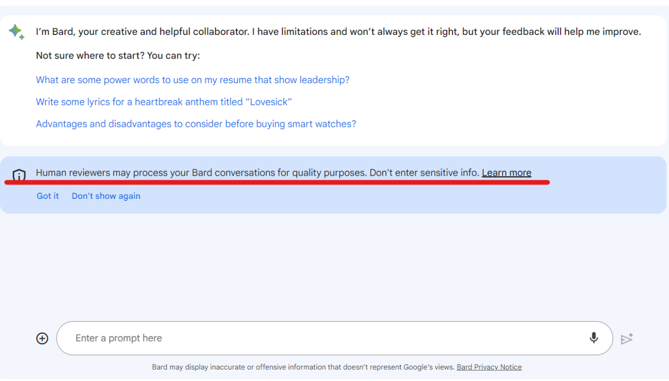 Bard informs users that human reviewers can read their chats