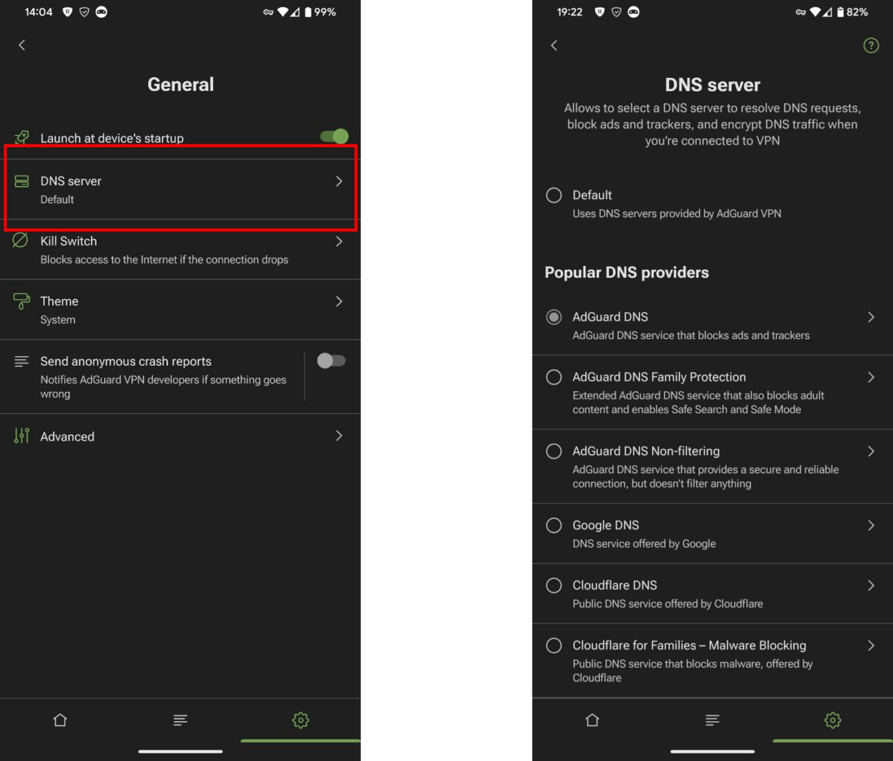 Seleccionando un servidor DNS en AdGuard VPN para Android