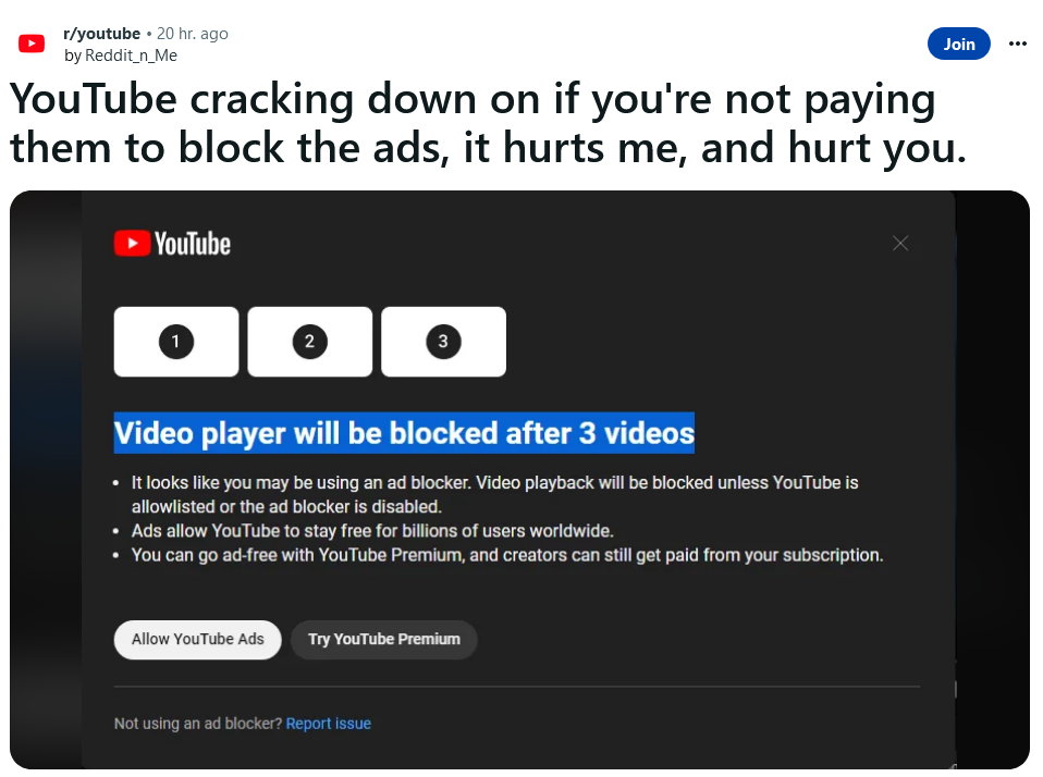 Redditのユーザーが、YouTubeから広告ブロッカーを無効にするよう促すポップアップを発見した。