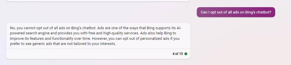 Le refus des publicités sur Bing Chat ne sera pas impossible