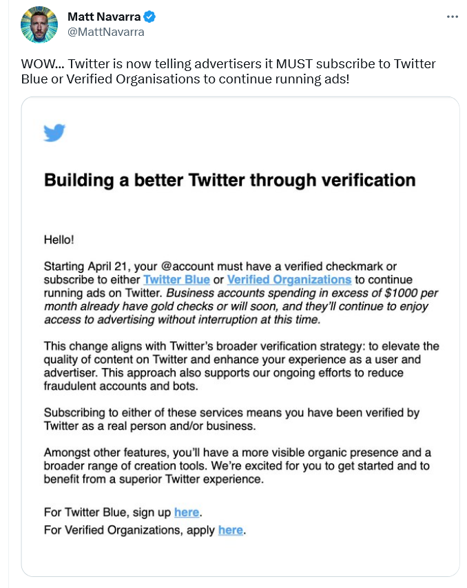 A screenshot of Twitter’s email to advertisers