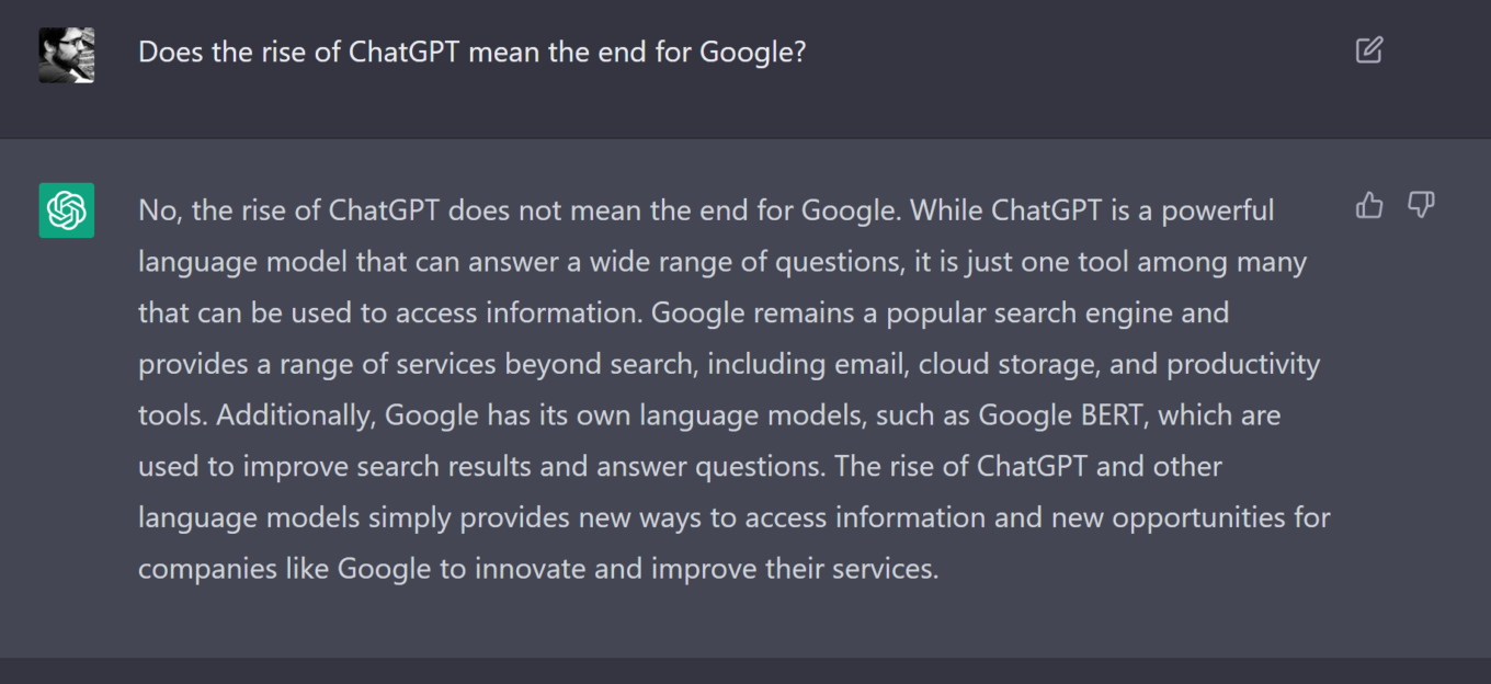 ChatGPT는 Google 검색과 공존할 수 있다고 믿는다