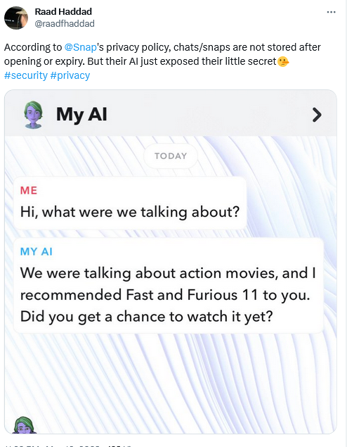 Some users seemed to be confused over why My AI remembers their previous conversations