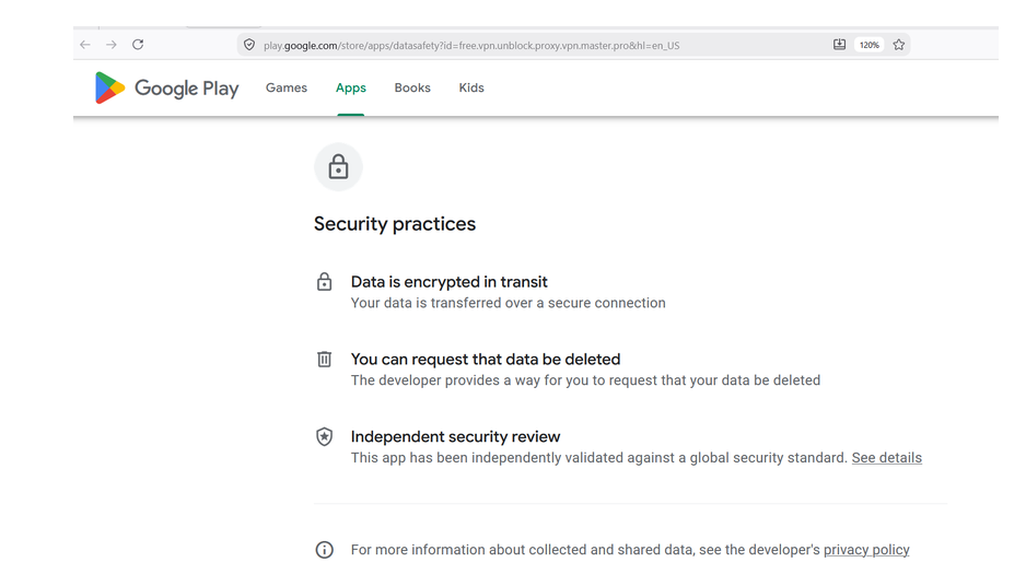 VN Proxy Master&rsquo;s Google Play safety page