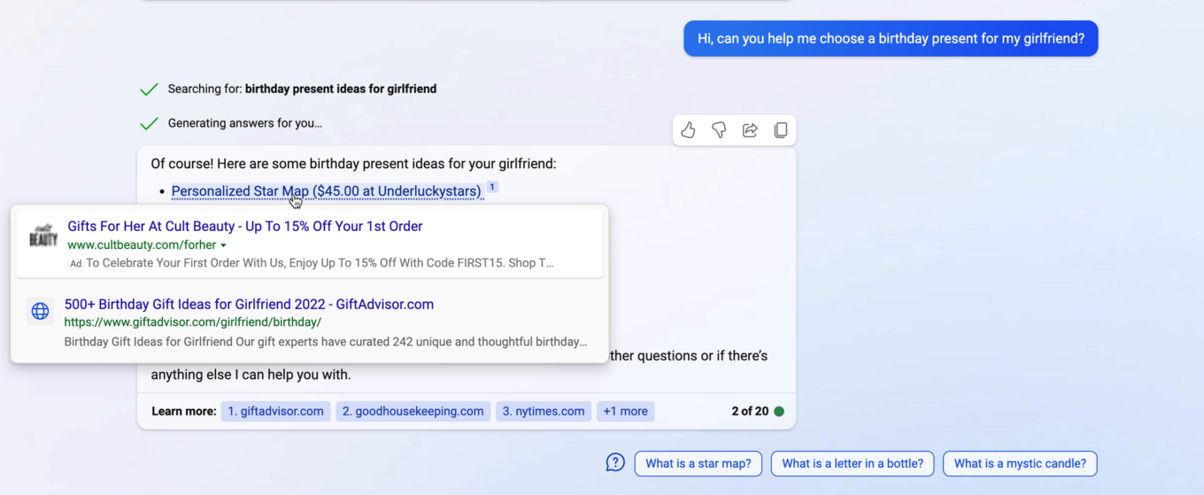 Bing 聊天机器人根据用户的请求显示广告