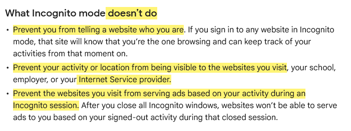 This is what Google says about Incognito mode