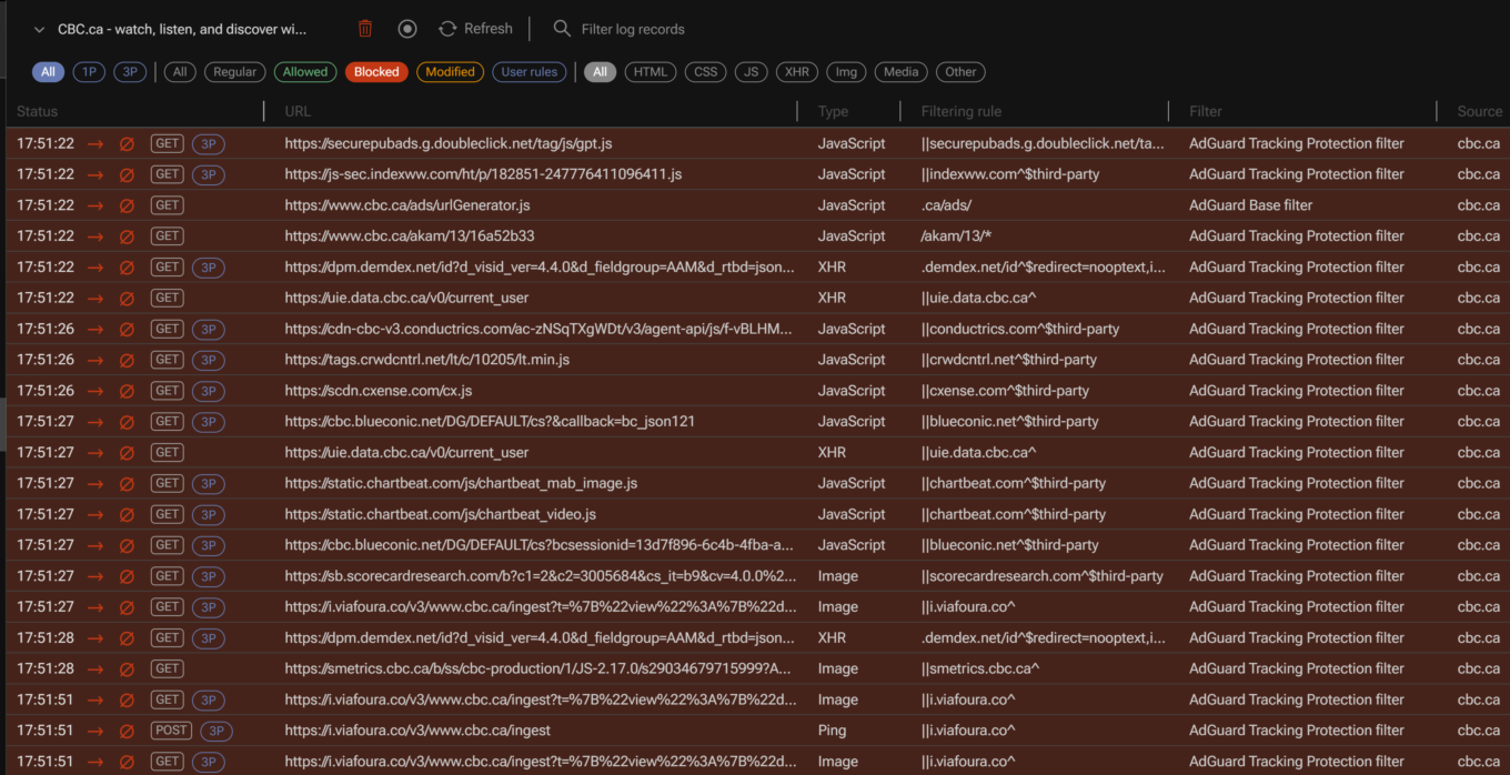 Log de filtragem do AdGuard