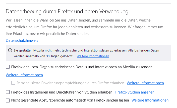 Firefox: Datenerhebung