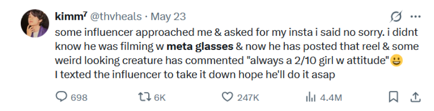 A tweet about being recorded by Meta glasses