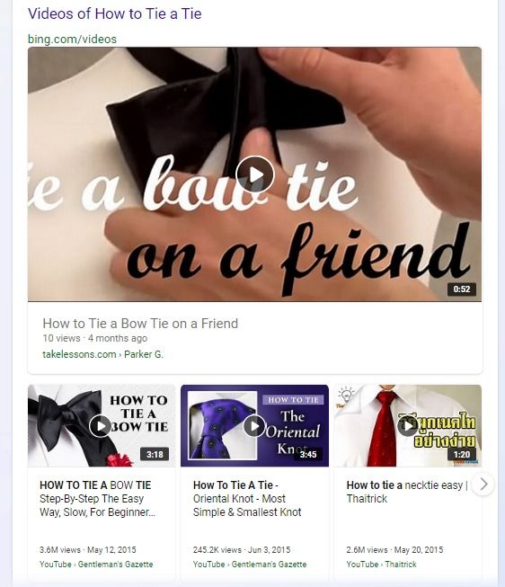 Bing tells how to tie a tie with a video