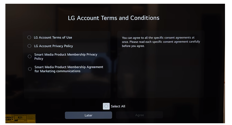 LG Account screen listing four agreements and highlighting Select All