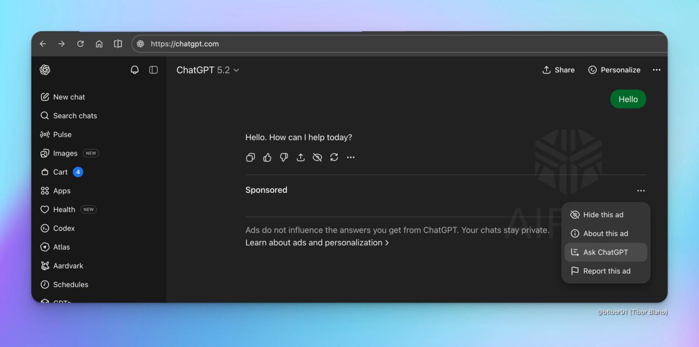 Sponsored ad space in ChatGPT