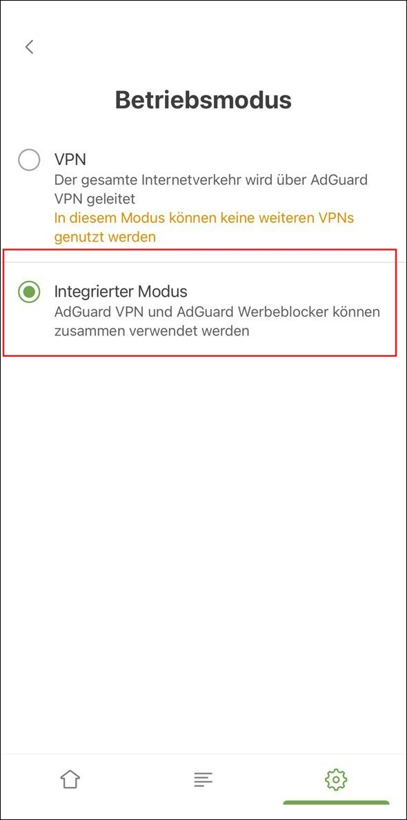 Integrierter Modus in AdGuard VPN für iOS *mobile