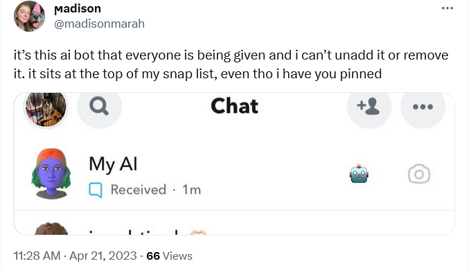 Some users want My AI to be unpinned from their chat tab
