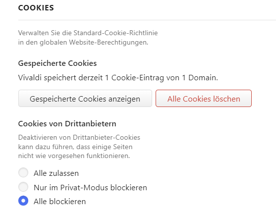 Vivaldi: Cookies blockieren