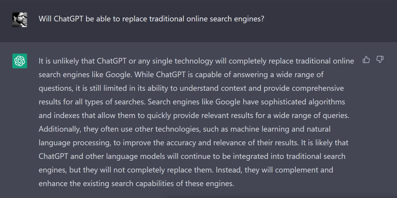 ChatGPT считает маловероятным, что заменит традиционные поисковые системы