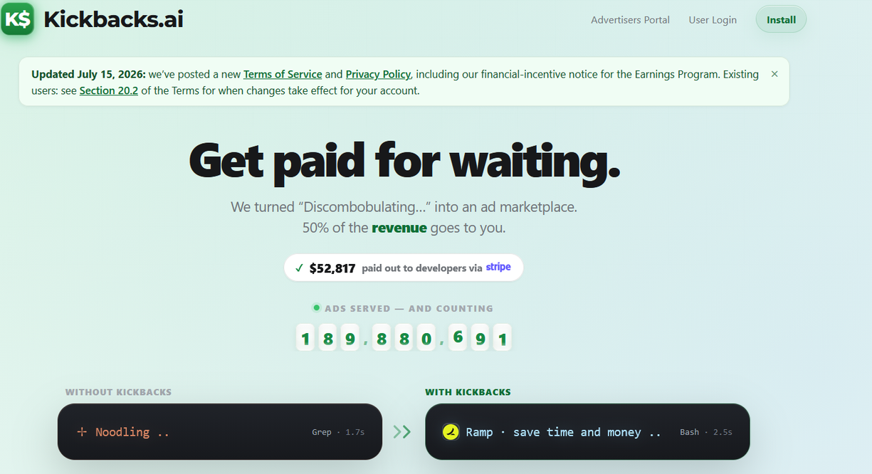 Kickbacks homepage