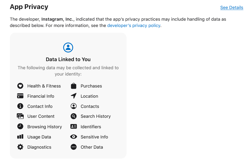 Etiquetas de privacidade do Threads na App Store