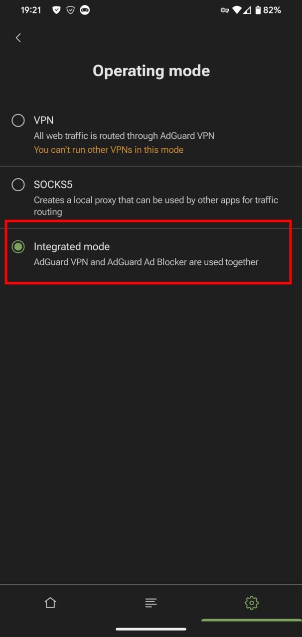 Selecting Integrated mode on AdGuard VPN for Android *mobile