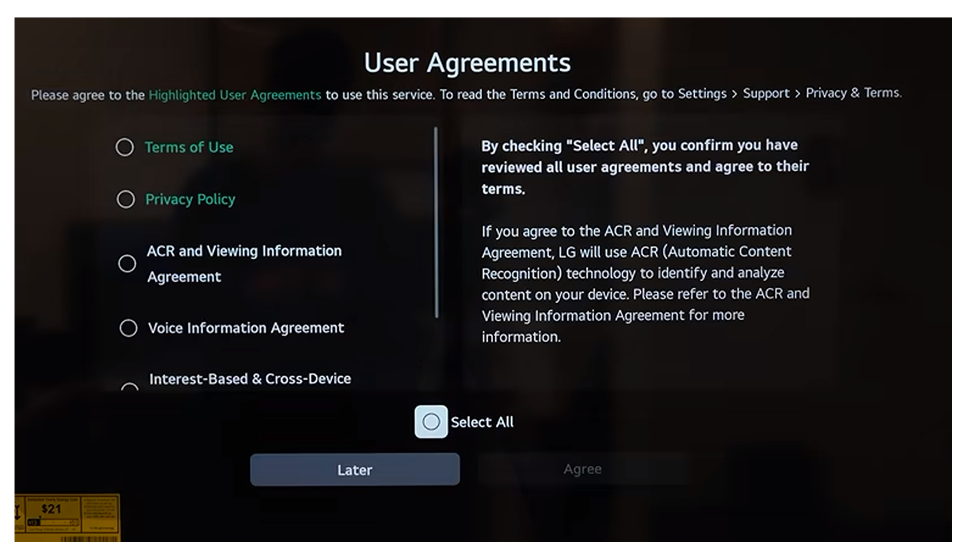 LG TV setup screen listing six agreements and highlighting Select All