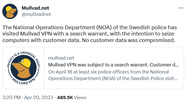 スウェーデンのVPNサービス「Mullvad」は、警察が捜査令状を持っていたと主張している