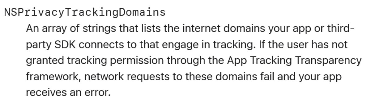 Os desenvolvedores precisarão listar os domínios de rastreamento conectados ao seu app