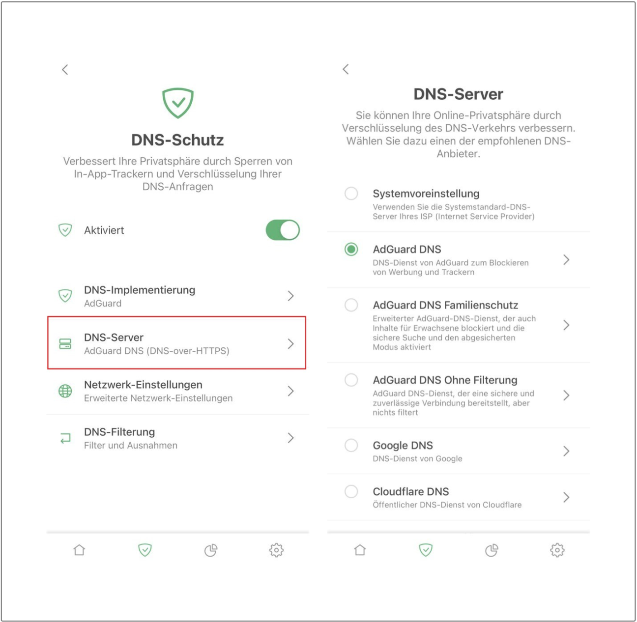 DNS-Einstellungen in der AdGuard VPN-App für iOS
