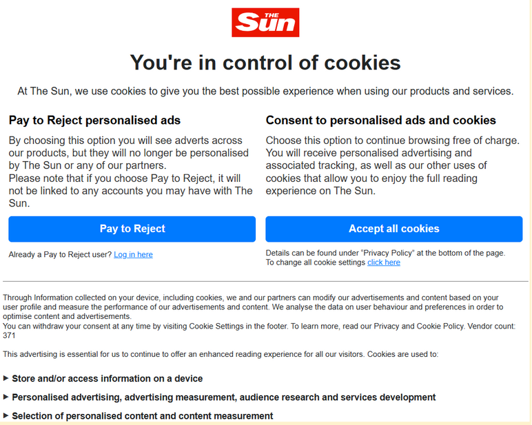 Message "consentir ou payer" de The Sun