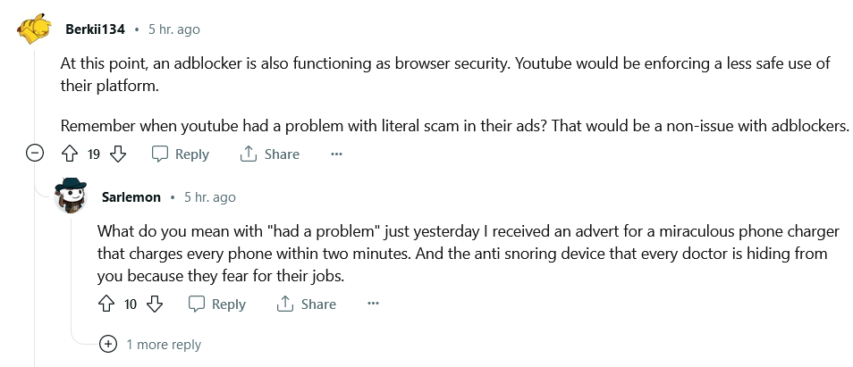 사용자는 '사기성' YouTube 광고로부터 자신을 보호하기 위해 광고 차단기를 사용합니다.