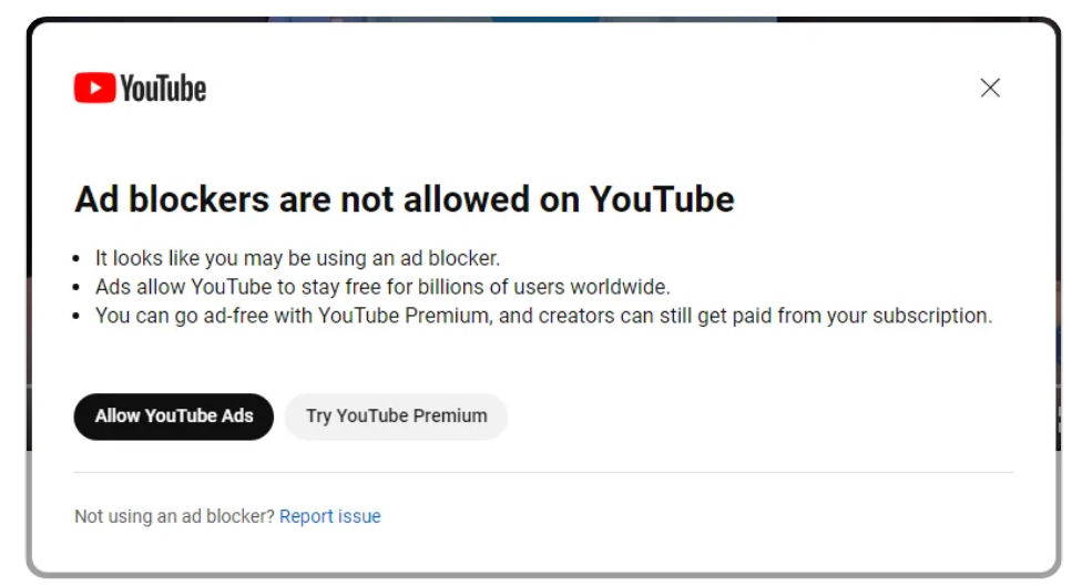 YouTube 警告用户关于广告拦截程序使用