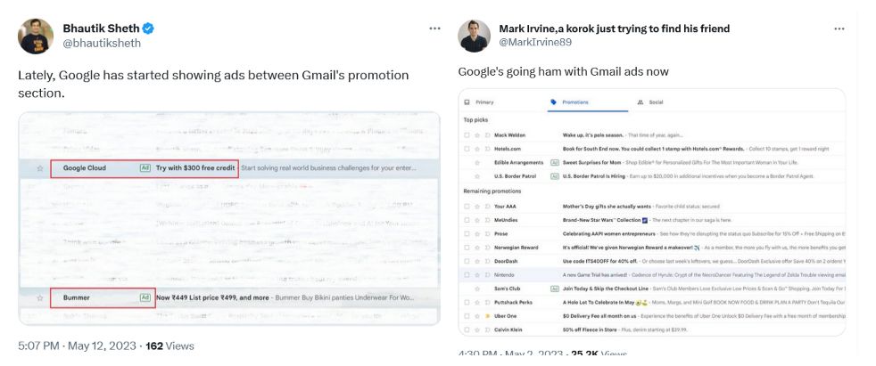 Users have noticed ads in-between mails in Gmail