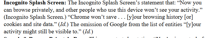 An excerpt from the lawsuit challenging incognito mode
