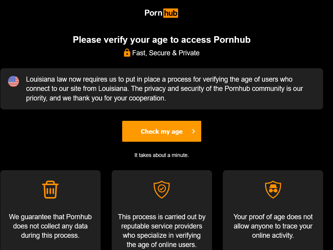 Pornhubがルイジアナ州から接続するユーザーに対して表示する注意書き