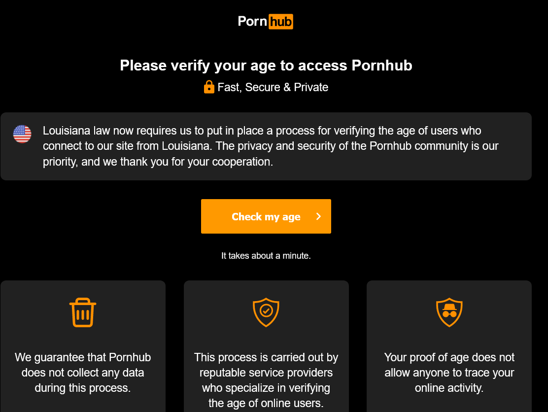 Уведомление, которое Pornhub показывает пользователям из Луизианы