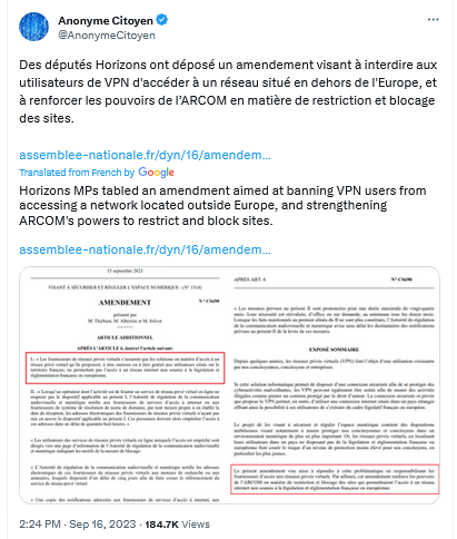 Le deuxième amendement vise également le fonctionnement des réseaux privés virtuels (VPN) en France