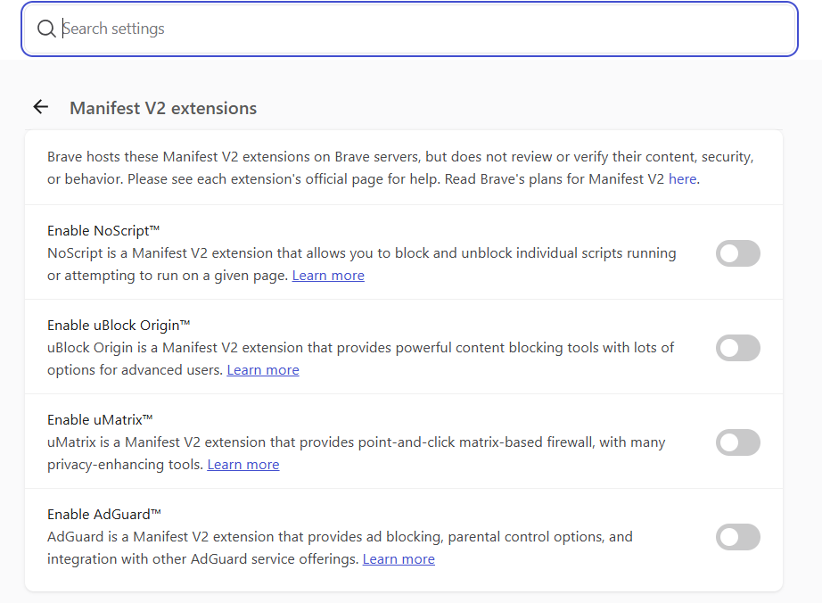 MV2 extensions in Brave settings *border