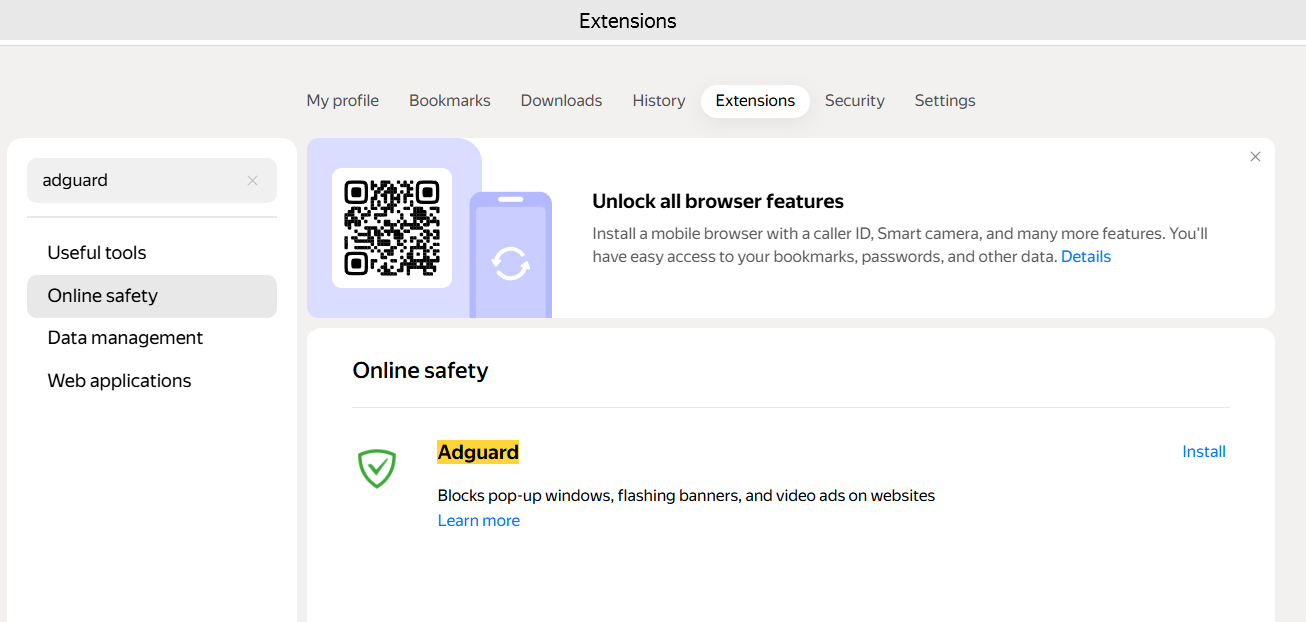 AdGuard Browser Extension in Yandex Add-ons *border