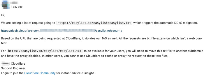 CloudFlare told EasyList maintainers they could not help resolve the issue
