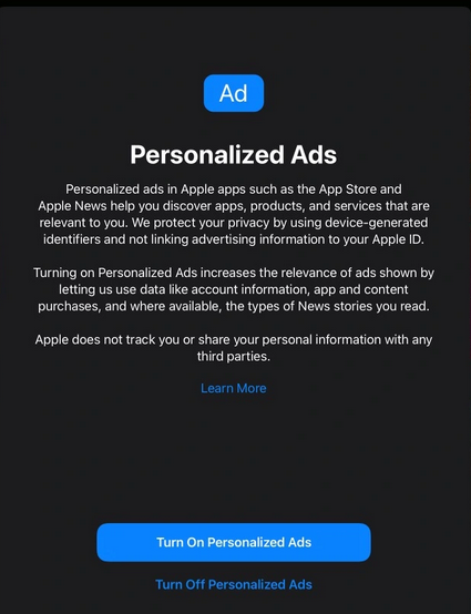 Os próprios apps da Apple precisam solicitar e permissão dos usuários para mostrar ads personalizados