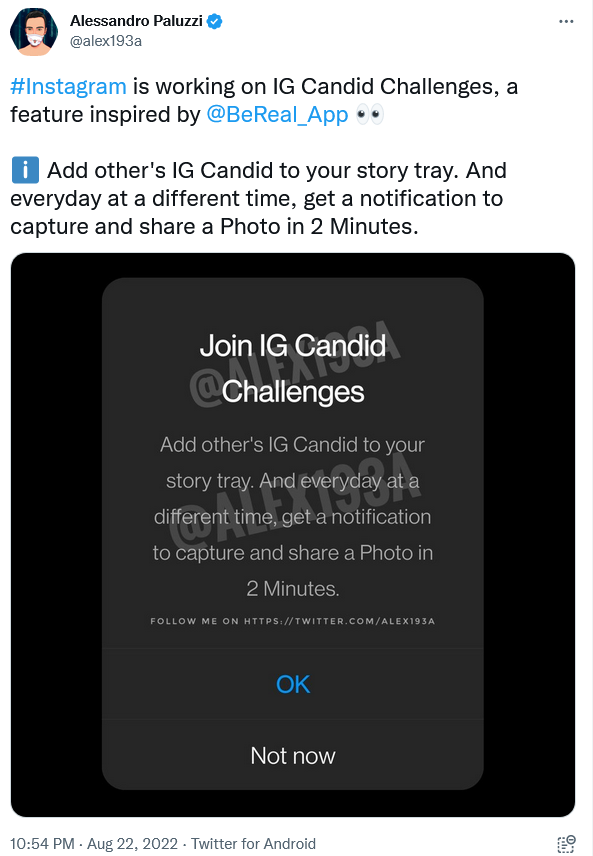 По слухам, Instagram рассматривает возможность добавления в приложение функции, подражающей BeReal